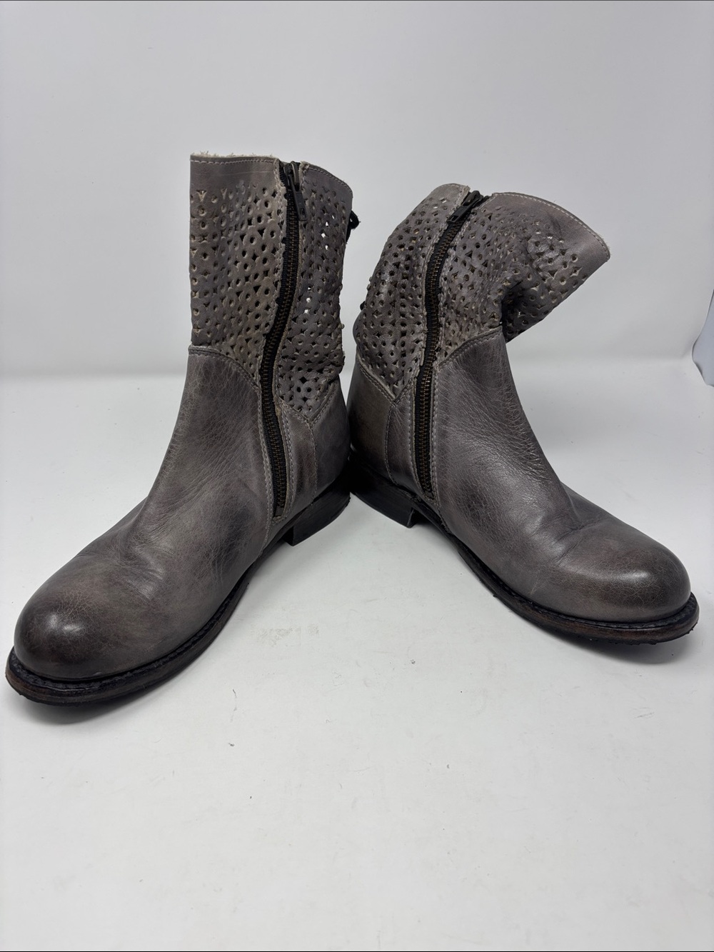 Bed Stu 7.5 Gray Perforated Leather Zip Ankle Boots